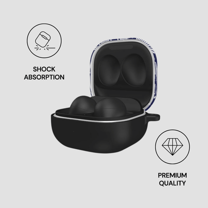 Black earbud case with open lid on a light gray background, featuring icons for shock absorption and premium quality.