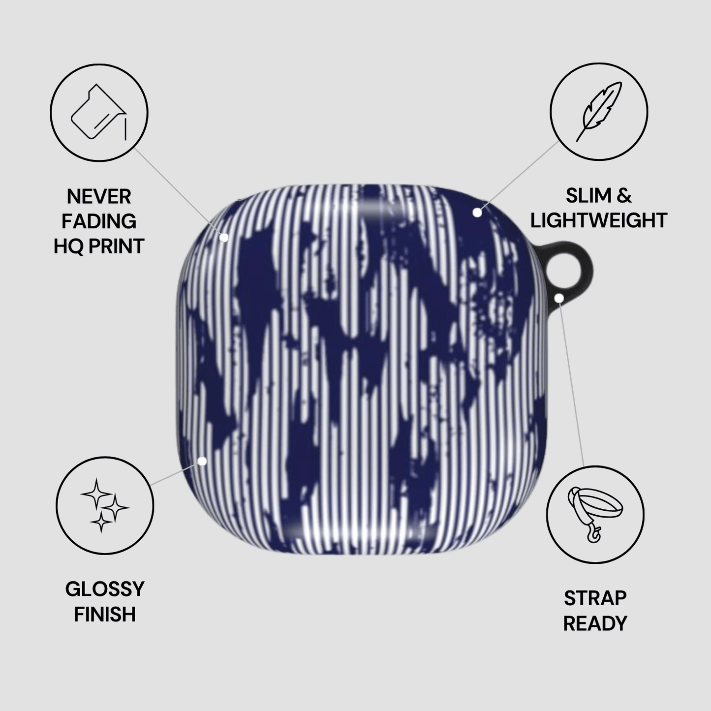 Blue and white patterned product with features listed on a gray background
