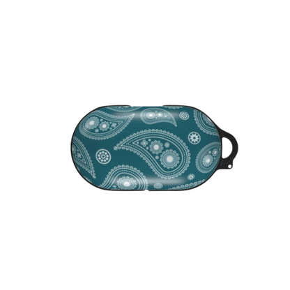 Teal sleep mask with white paisley pattern on a white background