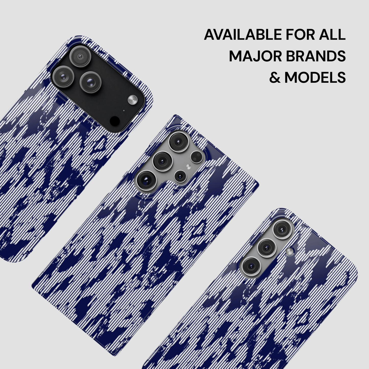 Three phone cases with a blue camouflage pattern on a light gray background.