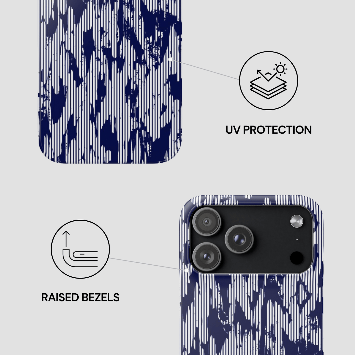Phone case with blue abstract pattern, UV protection, and raised bezels features on a light gray background.