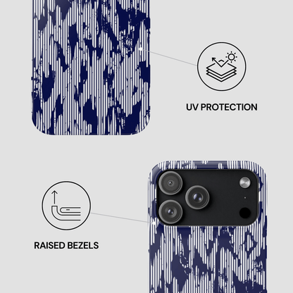 Phone case with blue abstract pattern, UV protection, and raised bezels features on a light gray background.