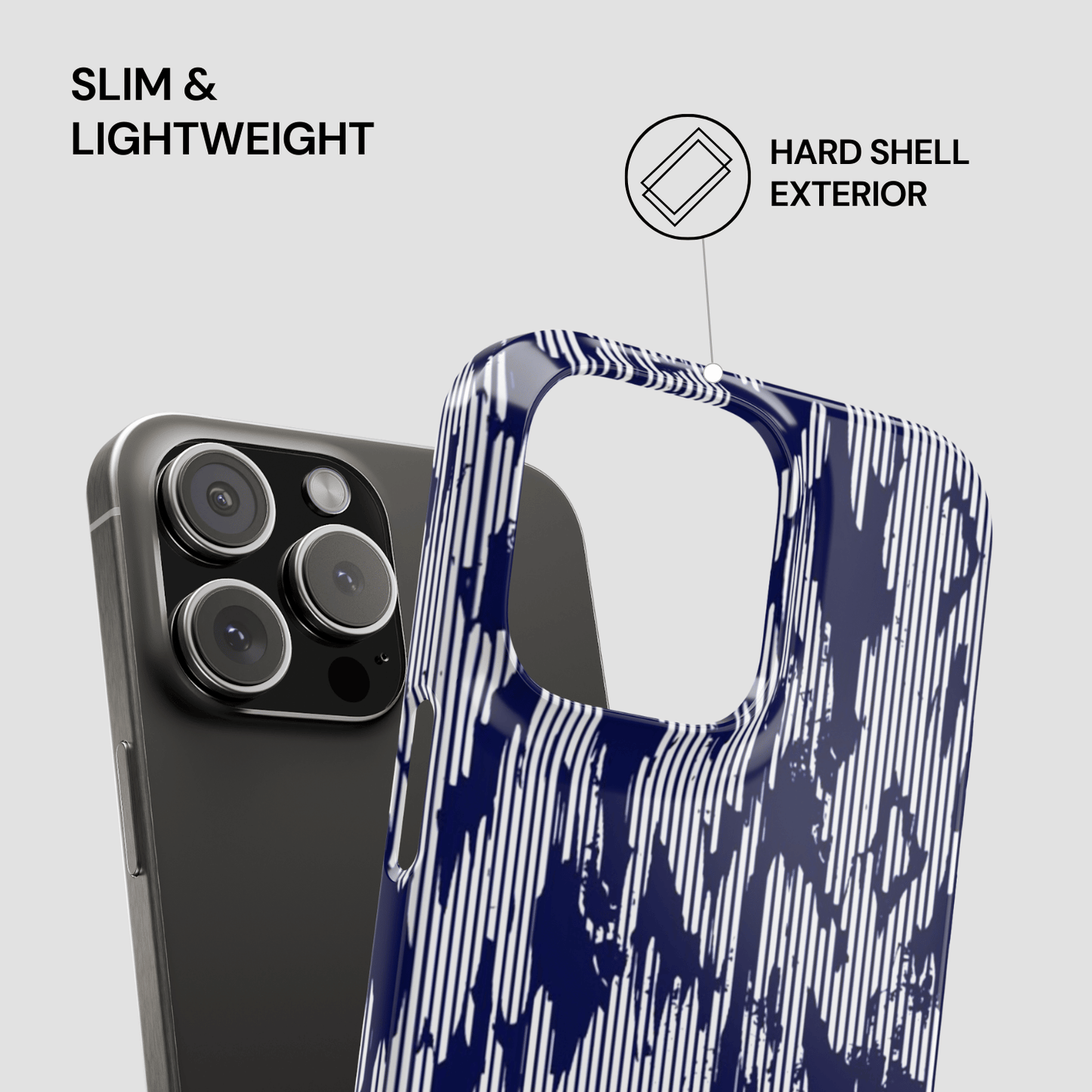 Phone case with blue abstract design on a gray background