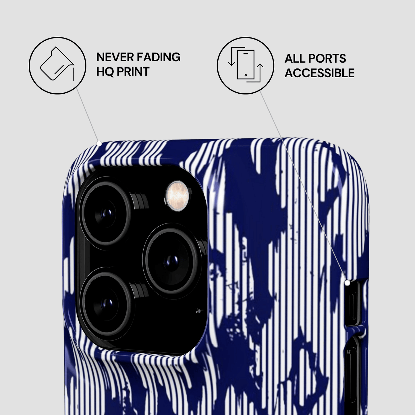Phone case with blue and white abstract design on a light gray background