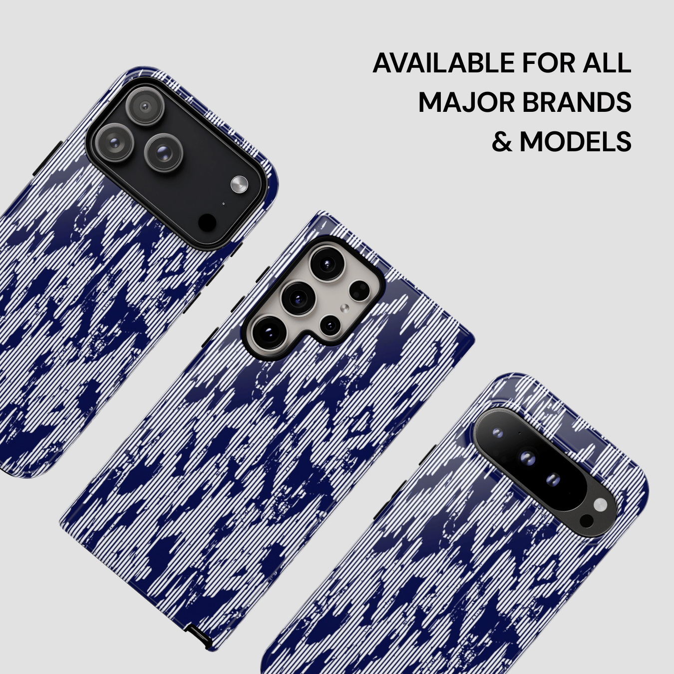 Three phone cases with a blue and white pattern on a light gray background, with text indicating availability for major brands and models.