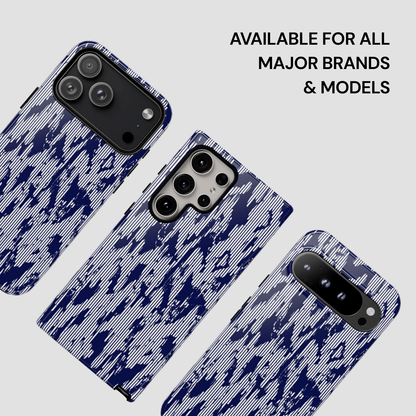 Three phone cases with a blue and white pattern on a light gray background, with text indicating availability for major brands and models.