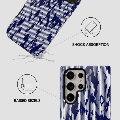 Phone case with blue abstract pattern on a white background, featuring icons and text about shock absorption and raised bezels.