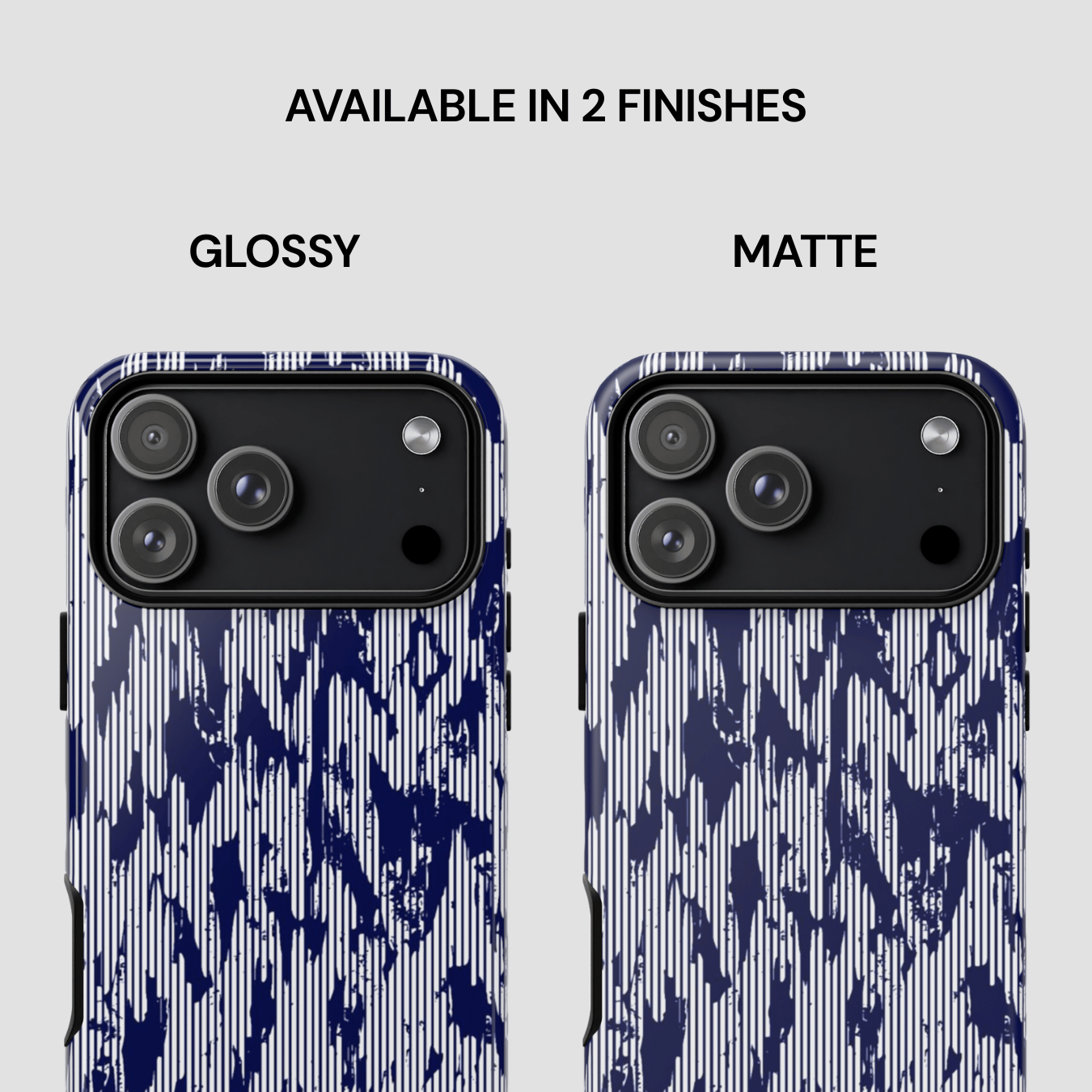 Two phone case designs, one glossy and one matte, on a white background.