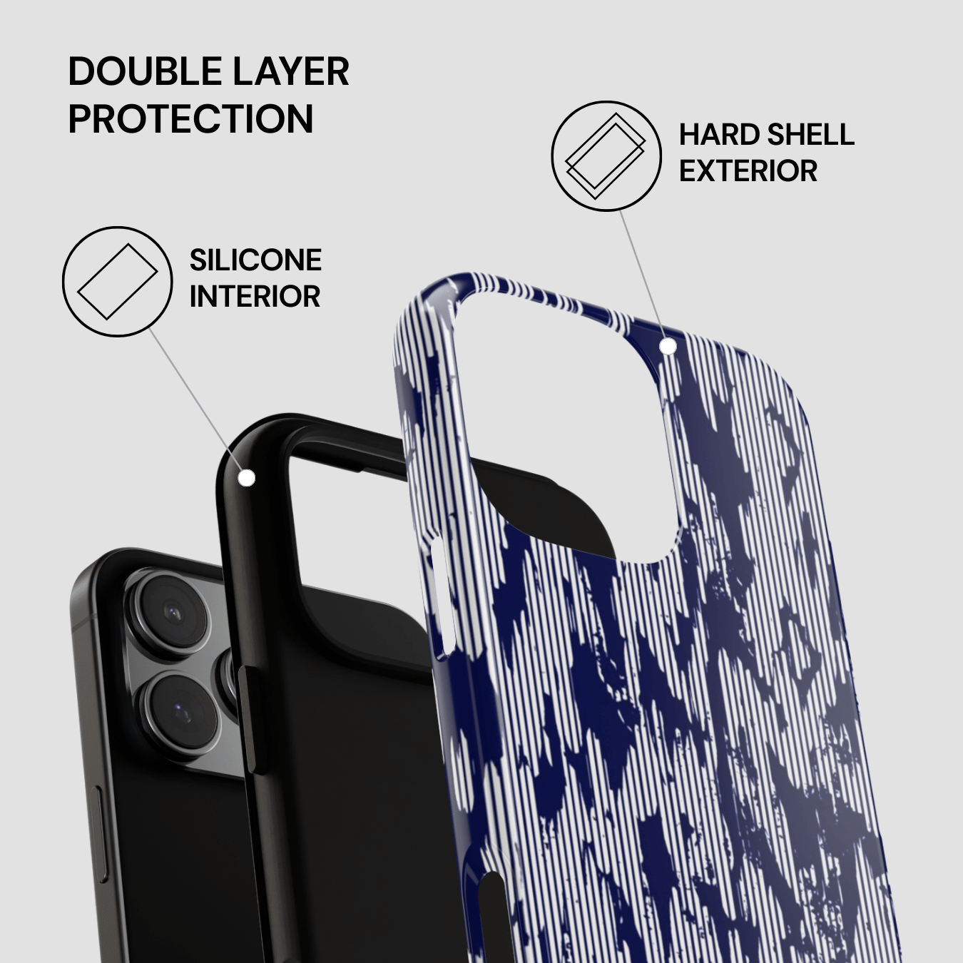 Phone case with double layer protection features on a gray background