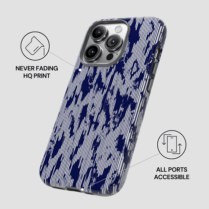 Phone case with blue abstract pattern on a gray background