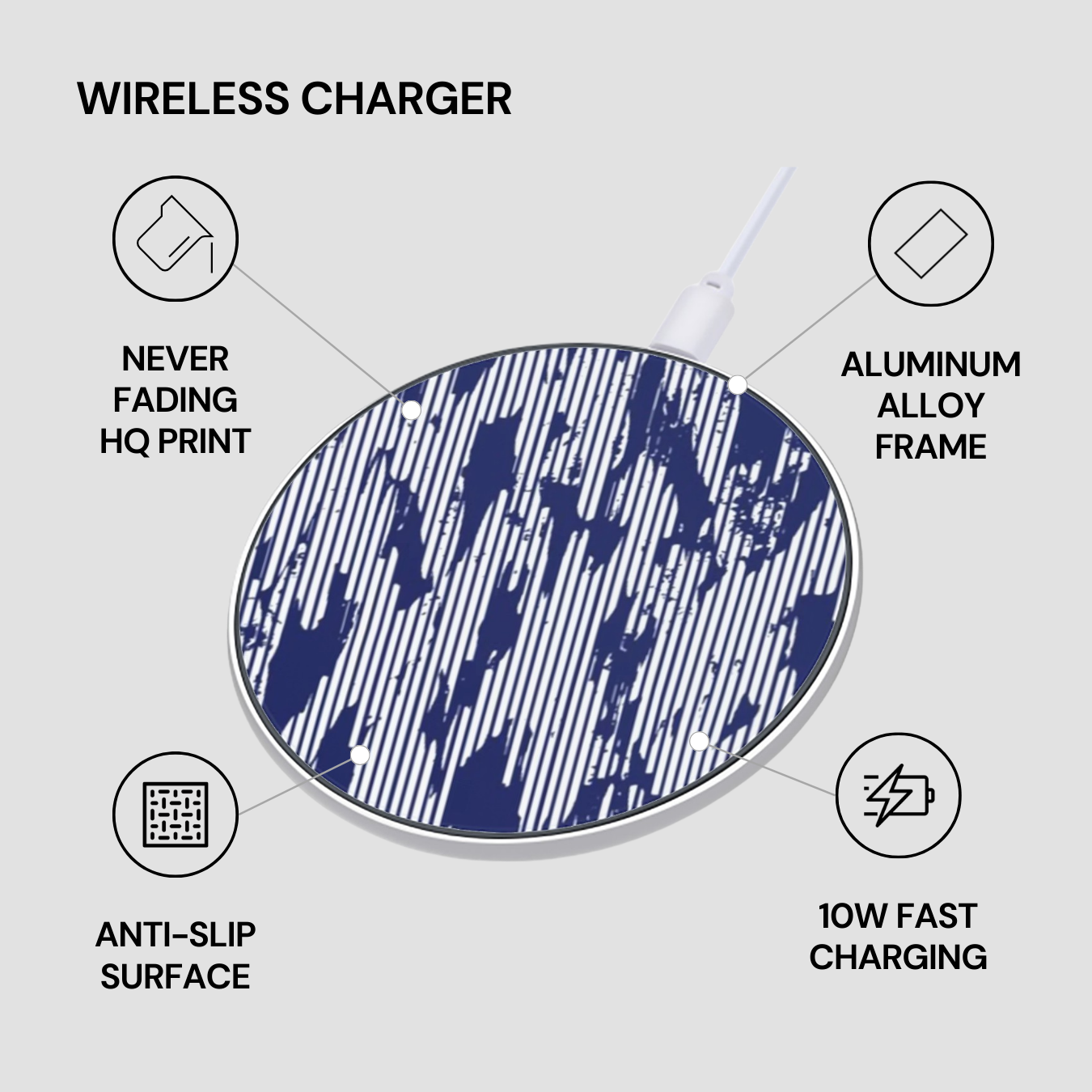 Wireless charger with features listed on a gray background