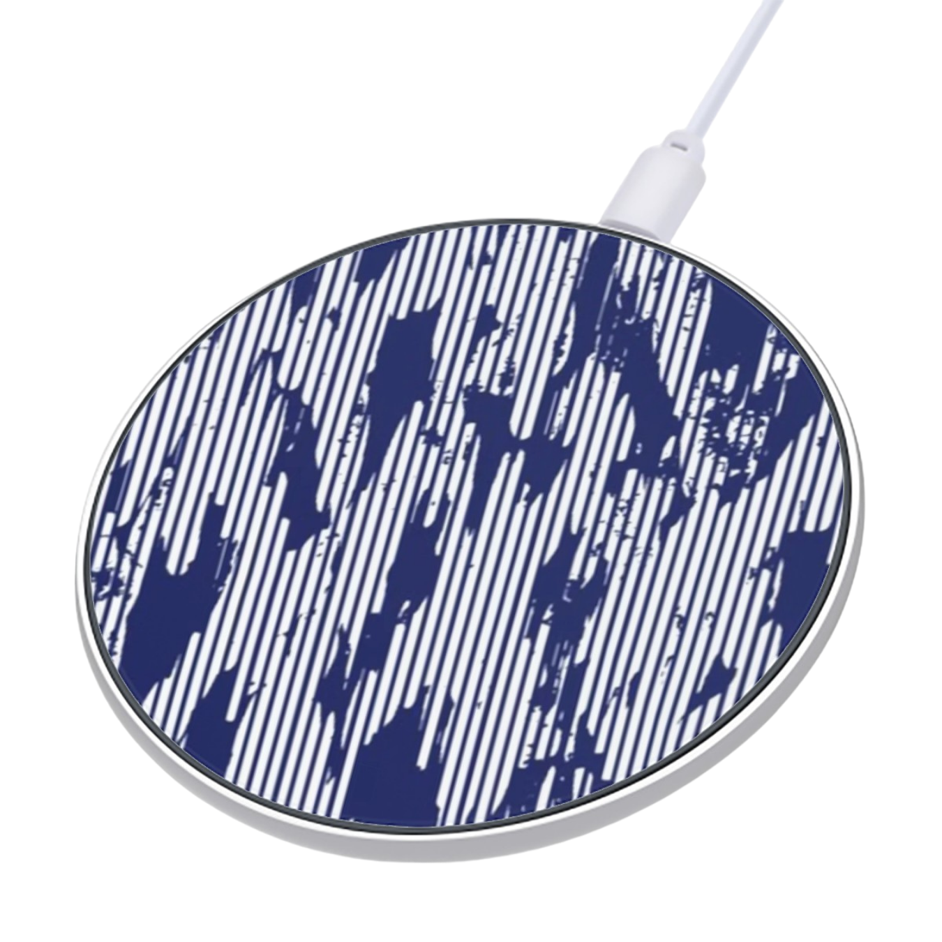 Round wireless charging pad with blue and white pattern on a white background