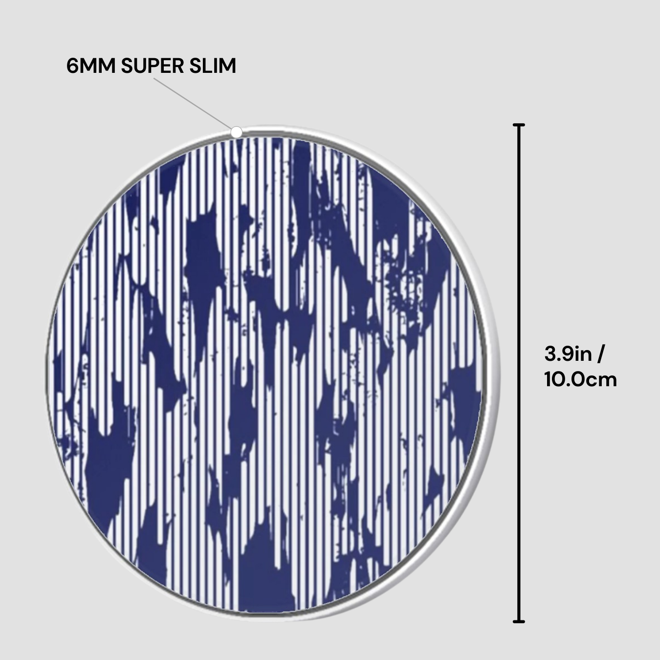 Circular object with blue pattern and measurement details on a gray background