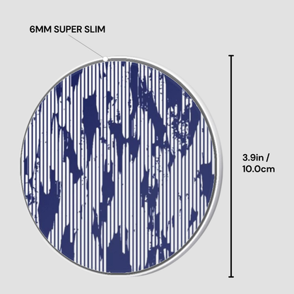 Circular object with blue pattern and measurement details on a gray background
