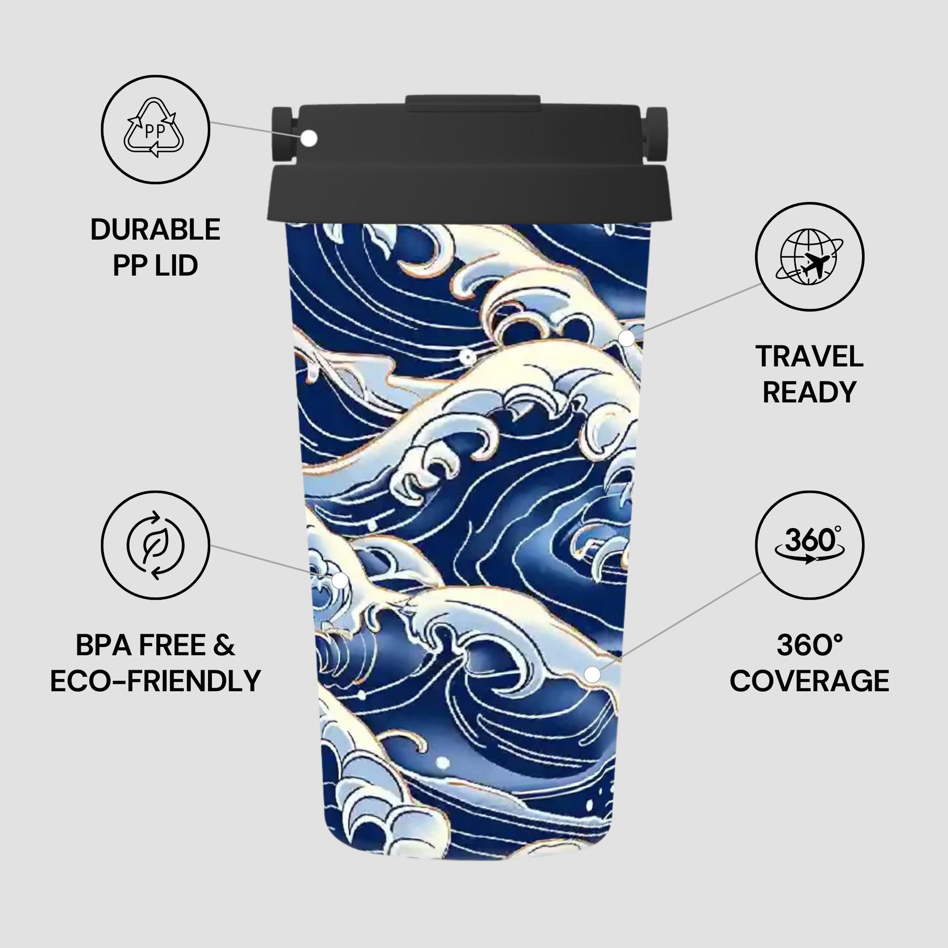 Tumbler with wave design and feature text on a light gray background | casenari