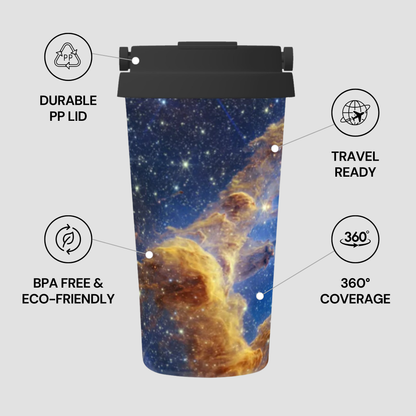 Travel mug with space-themed design and features listed on a light gray background