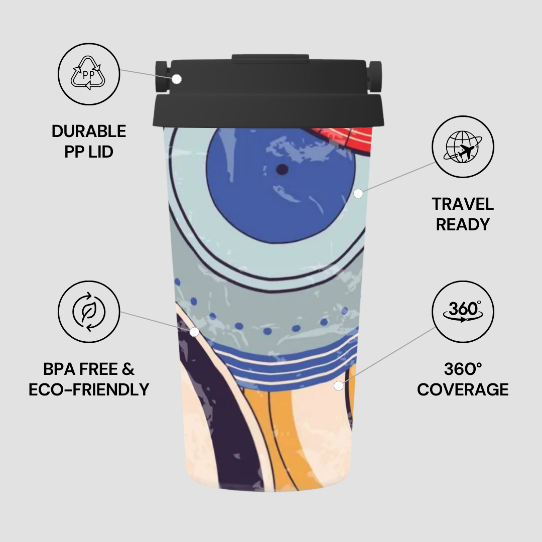 Colorful tumbler with features labeled on a light gray background