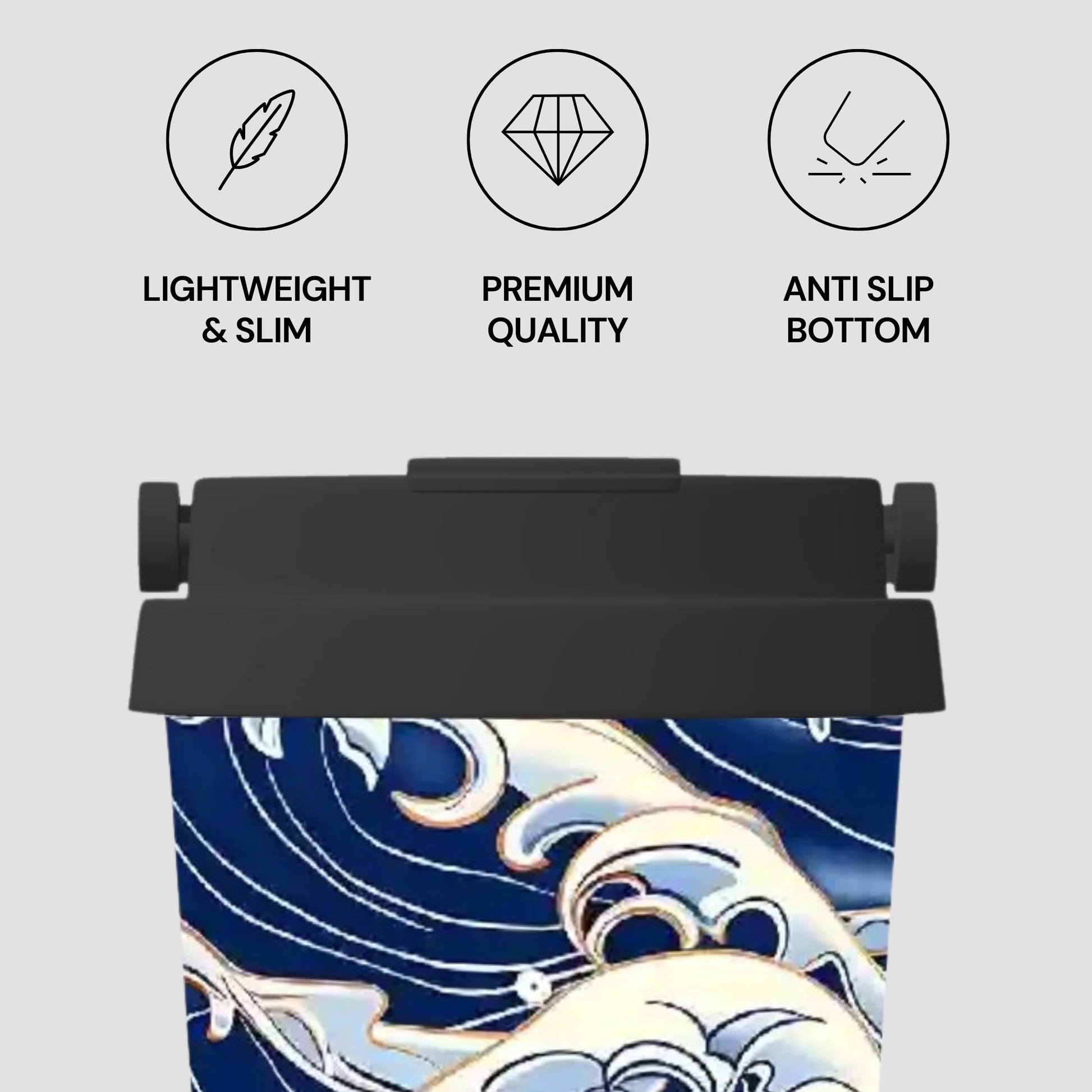 Product with wave design and features on a gray background | casenari