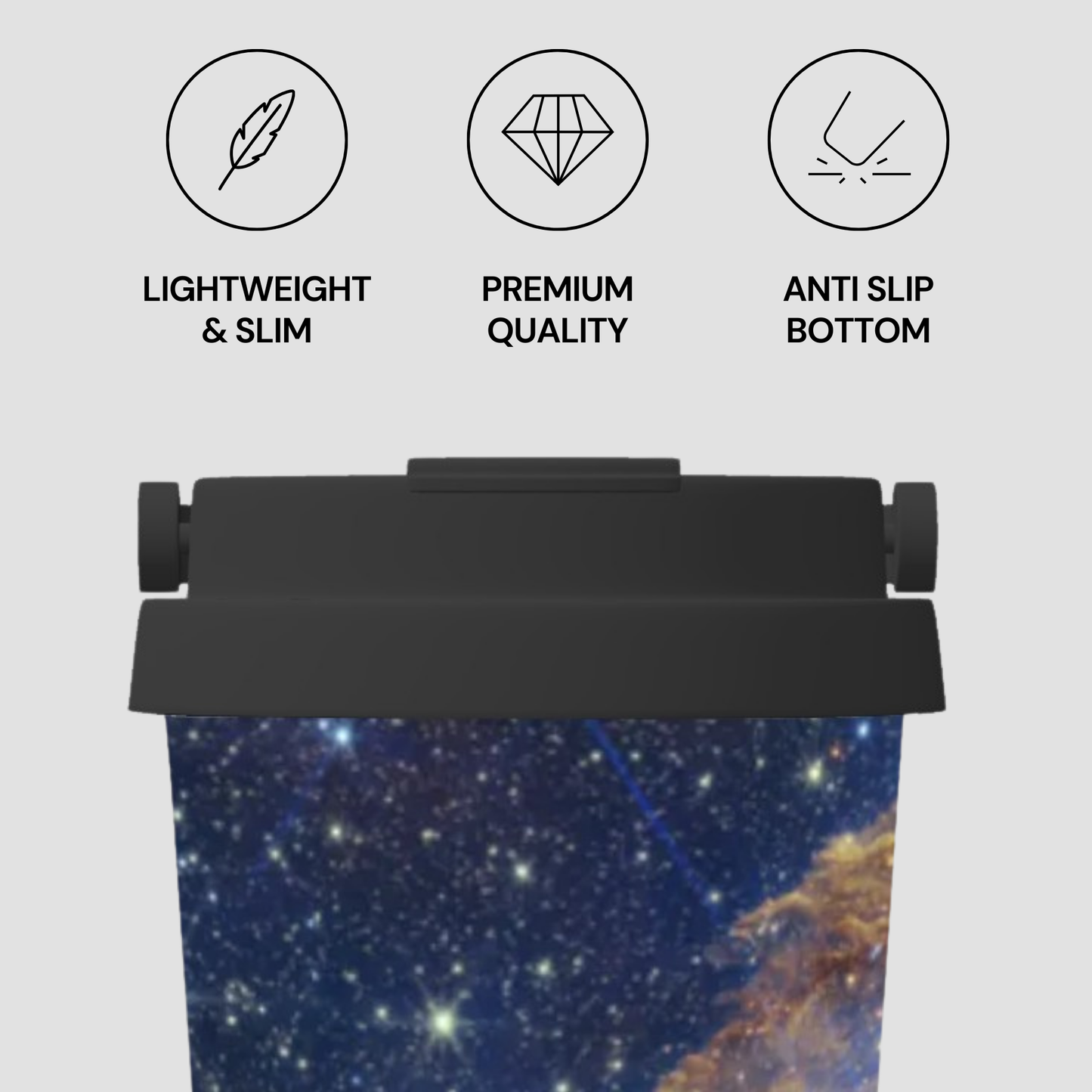 Tumbler with space-themed design and product features on a gray background