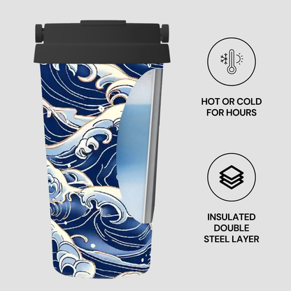 Tumbler with wave design and insulated features on a light gray background
