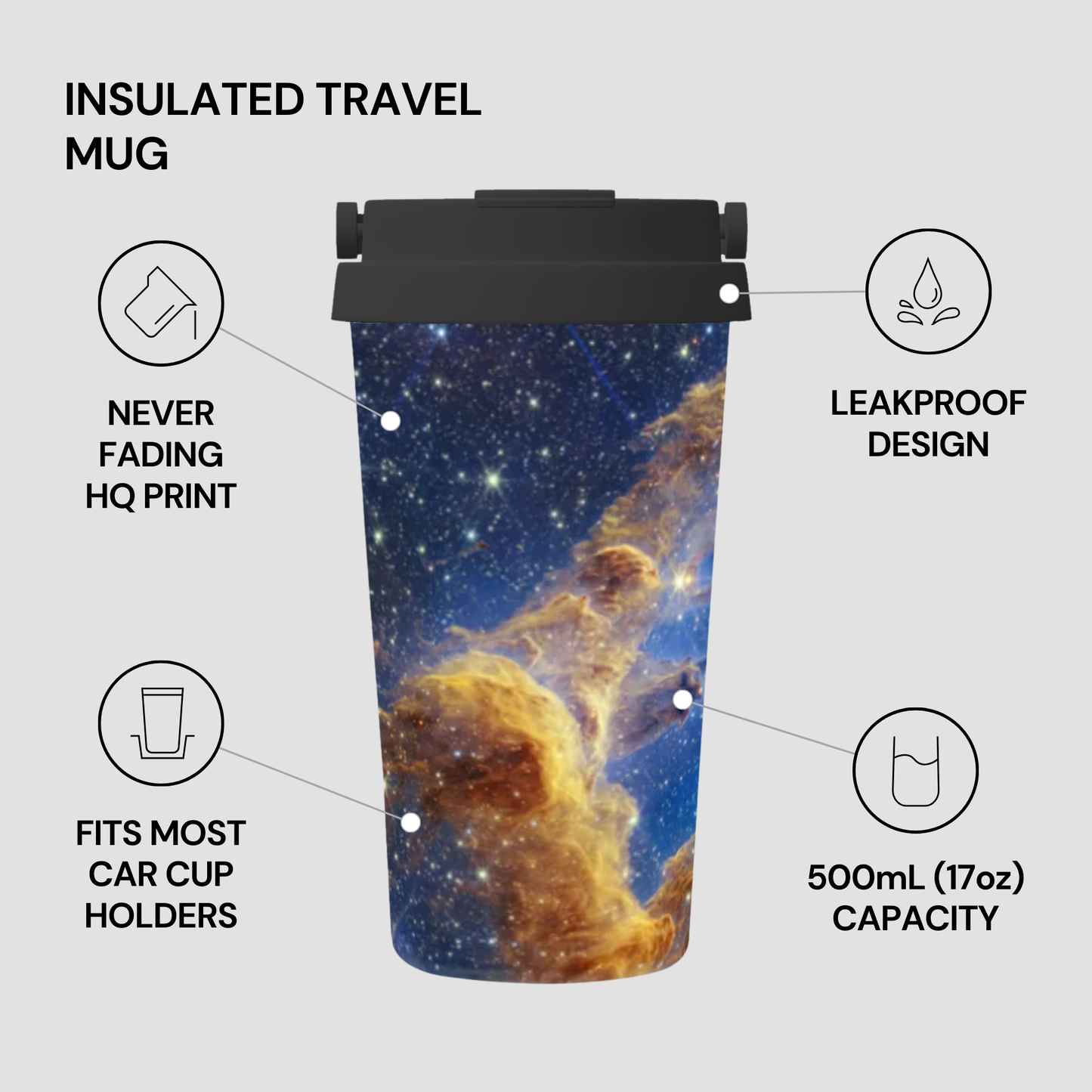Insulated travel mug with space-themed design on a gray background
