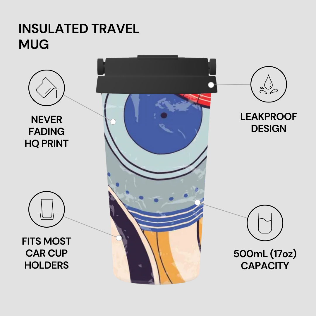 Insulated travel mug with features listed on a gray background