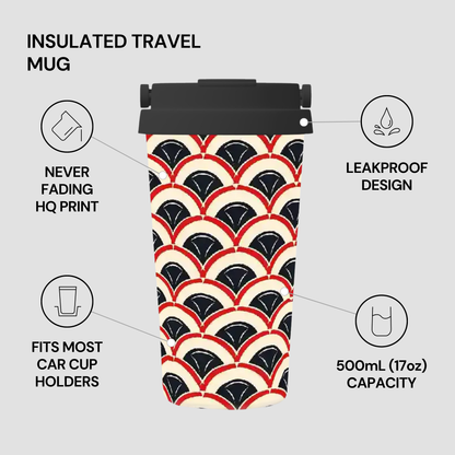 Insulated travel mug with a geometric pattern on a gray background