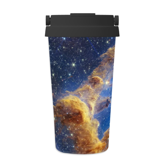 Tumbler with space-themed design featuring stars and nebulae on a white background