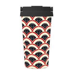Phone case with red and black geometric pattern on a white background