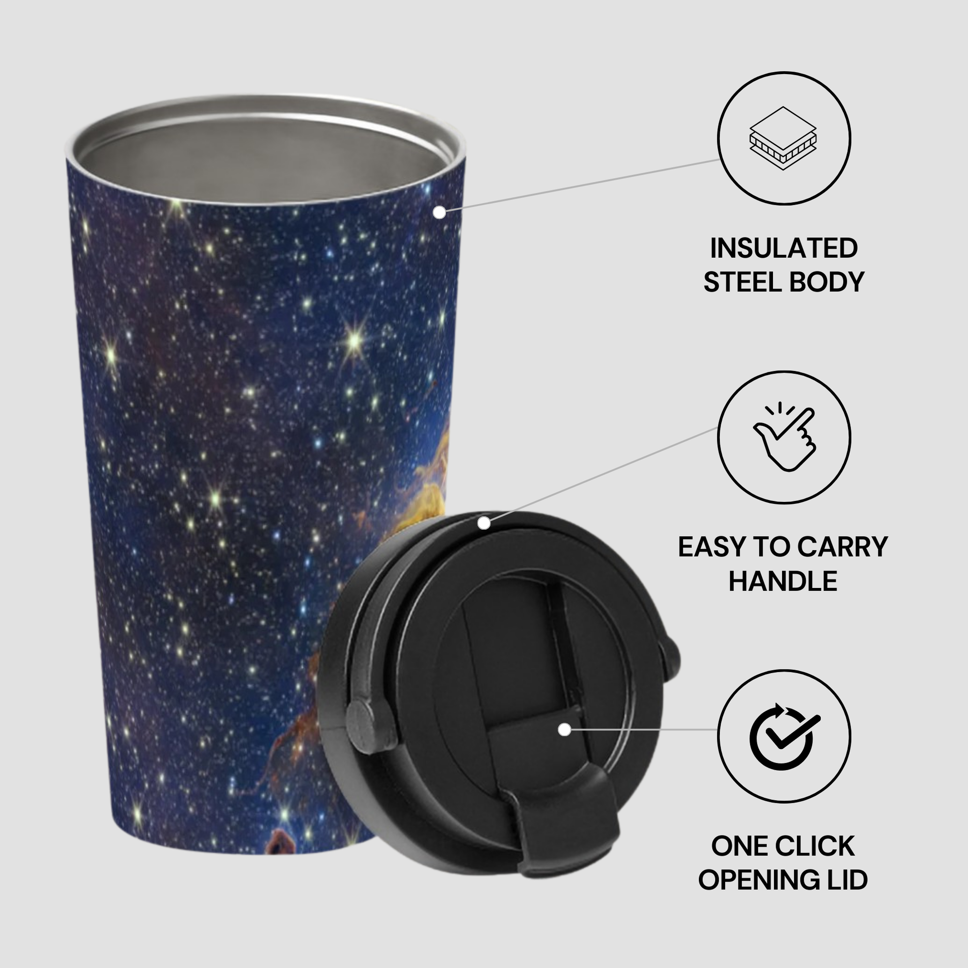 Tumbler with starry space design and black lid, featuring insulated steel body, easy-to-carry handle, and one-click opening lid on a light gray background.