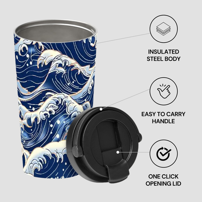 Tumbler with wave design, black lid, and features highlighted on a light gray background | casenari