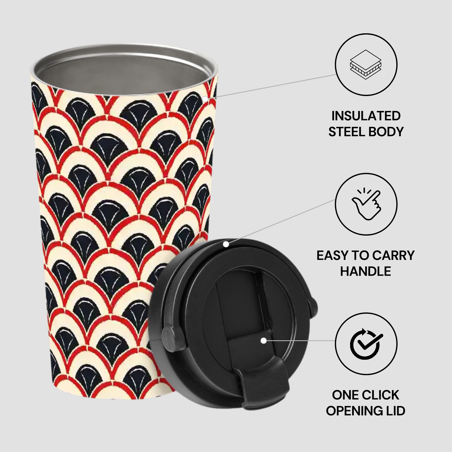 Insulated steel travel mug with patterned design, black handle, and one-click lid on a light gray background.