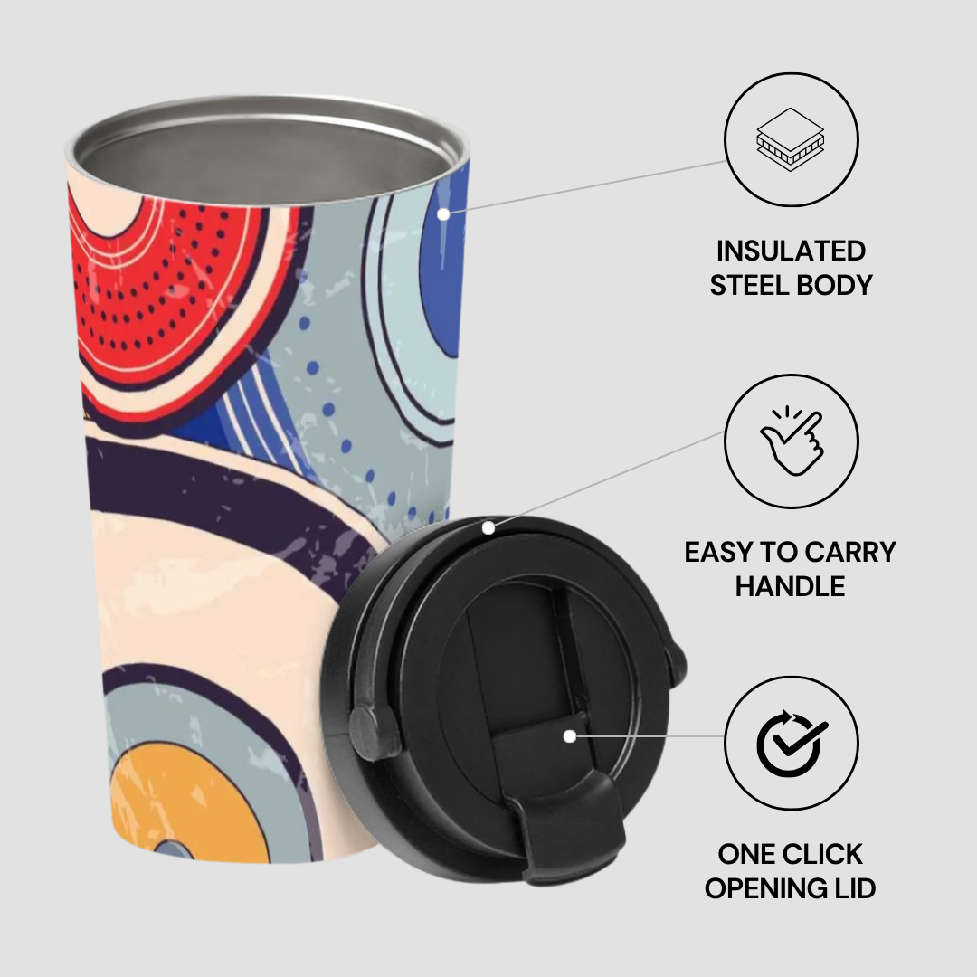 Colorful insulated steel tumbler with black lid on a white background
