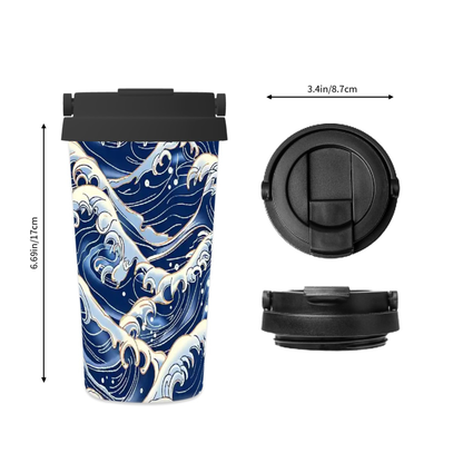 Travel mug with wave design, lid, and measurements on a white background | casenari