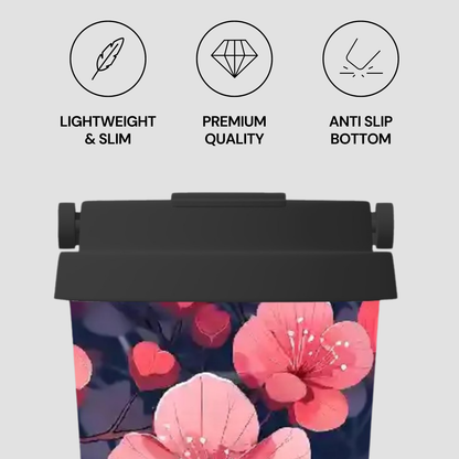 Floral-patterned product with features labeled on a light gray background