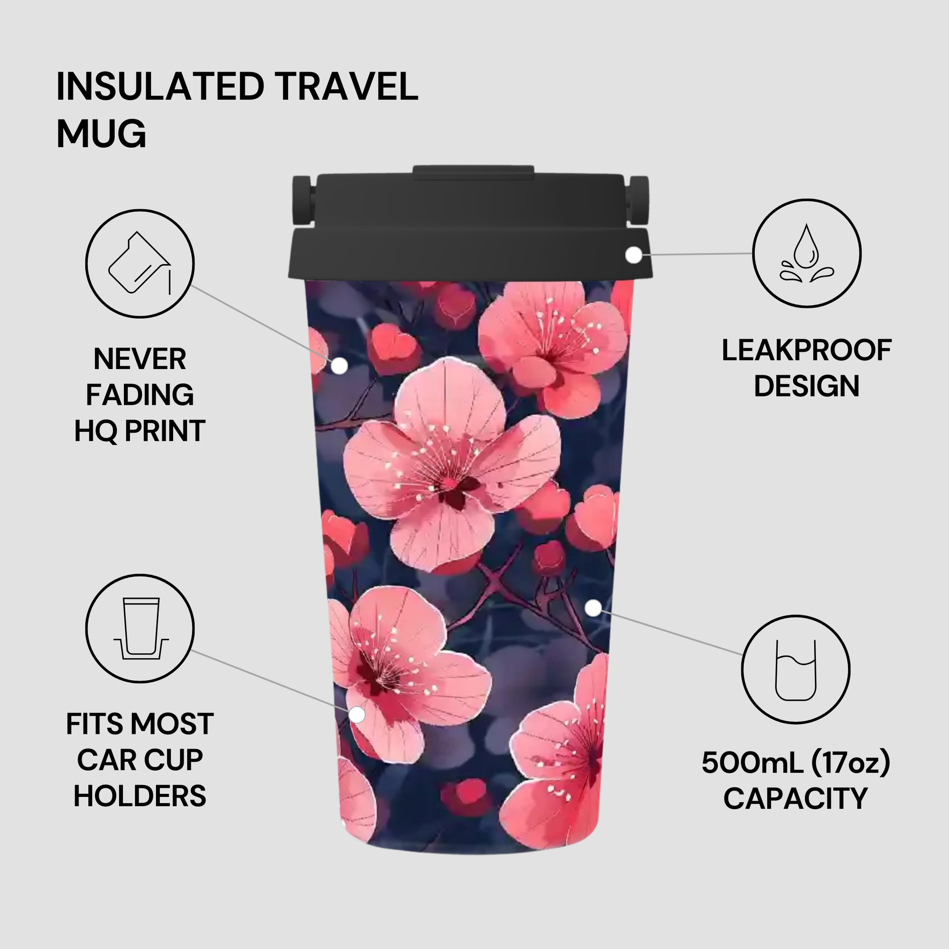 Insulated travel mug with floral design on a gray background