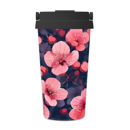 Tumbler with pink floral design on a dark blue background