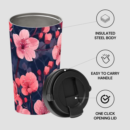 Floral-patterned tumbler with features highlighted on a white background