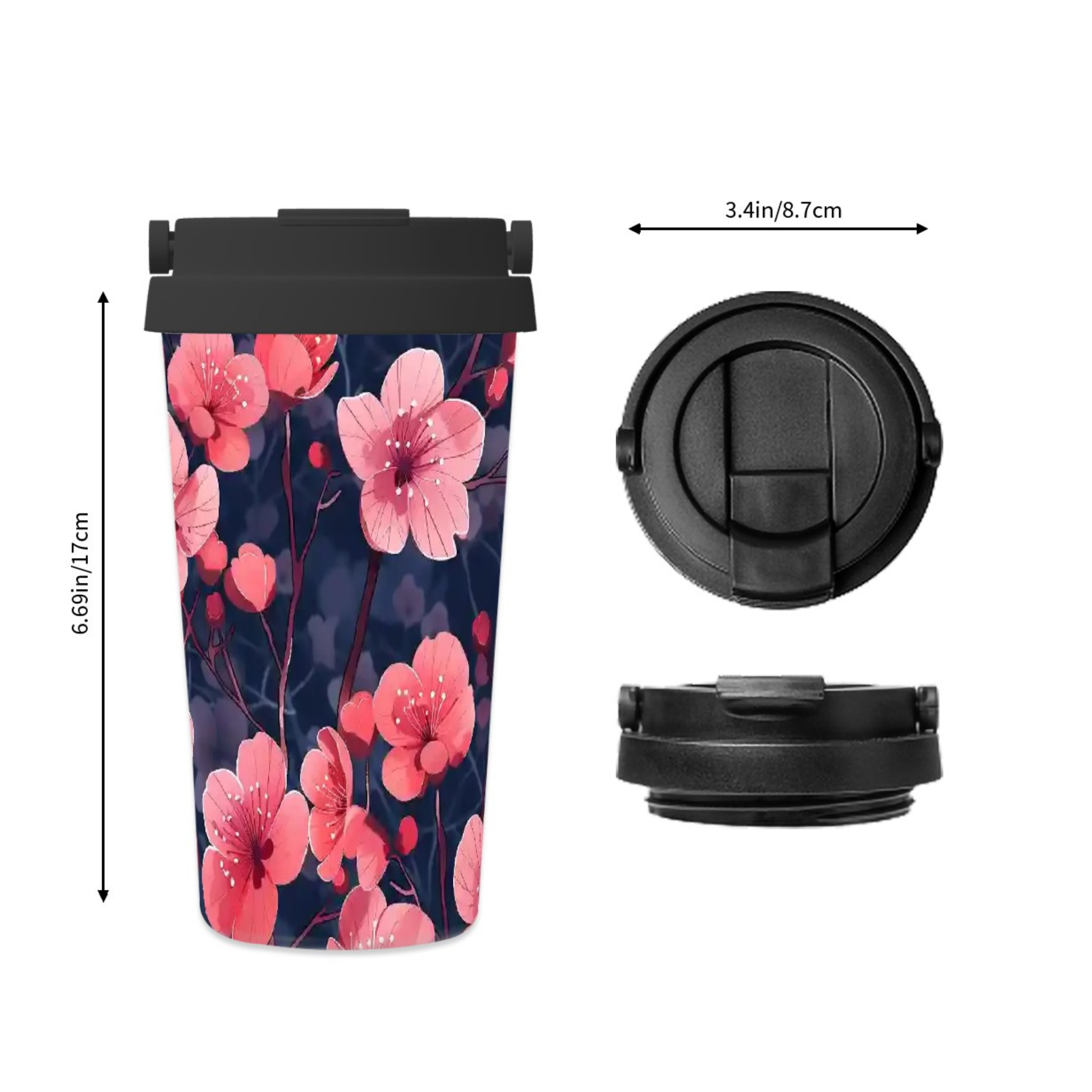 Floral travel mug with black lid and measurements on a white background