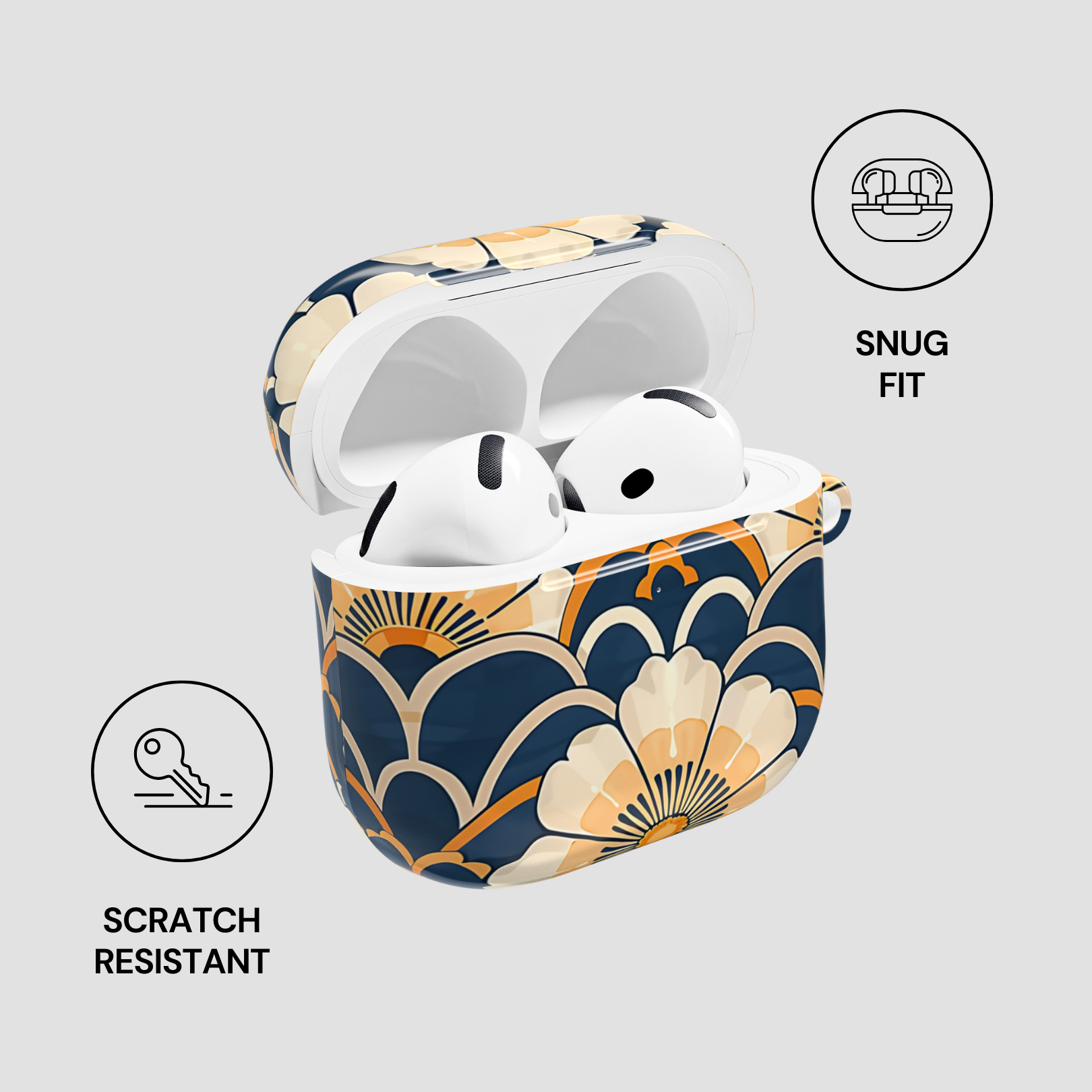 Wireless earbuds in a floral-patterned case with 'Snug Fit' and 'Scratch Resistant' features highlighted.