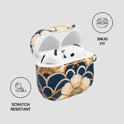 Wireless earbuds in a floral-patterned case with 'Snug Fit' and 'Scratch Resistant' features highlighted.