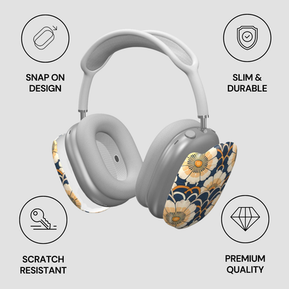Gray headphones with floral design on a light gray background, featuring icons and text about product features.