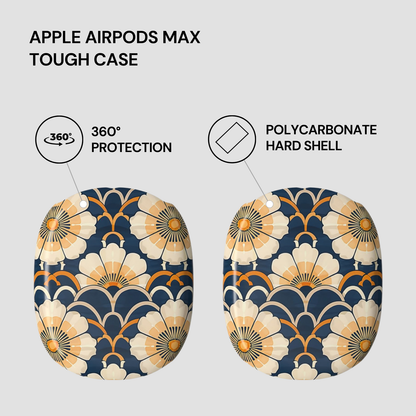 Patterned tough case for Apple AirPods Max with text highlighting features on a light gray background