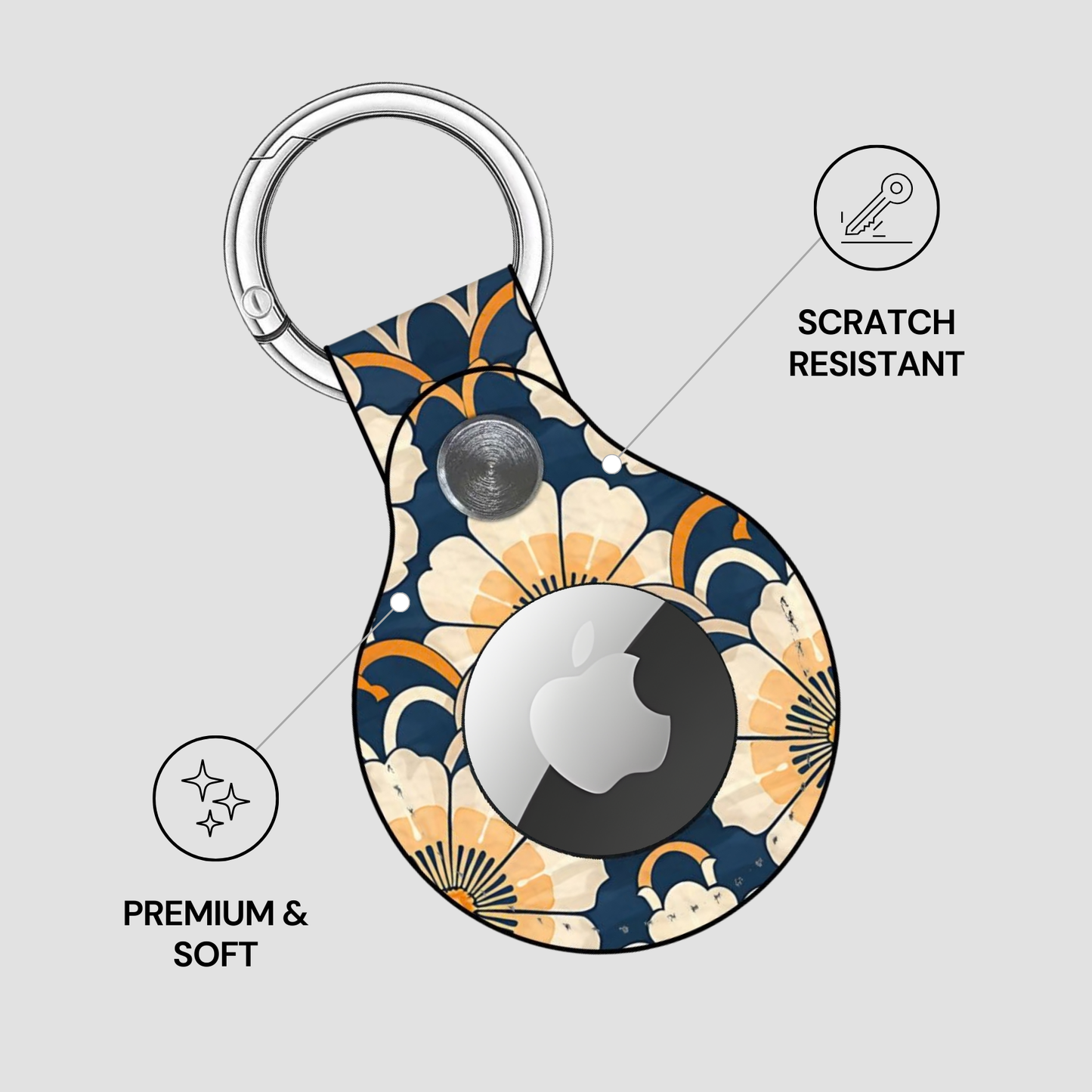 Floral-patterned keychain case with Apple logo on a light gray background