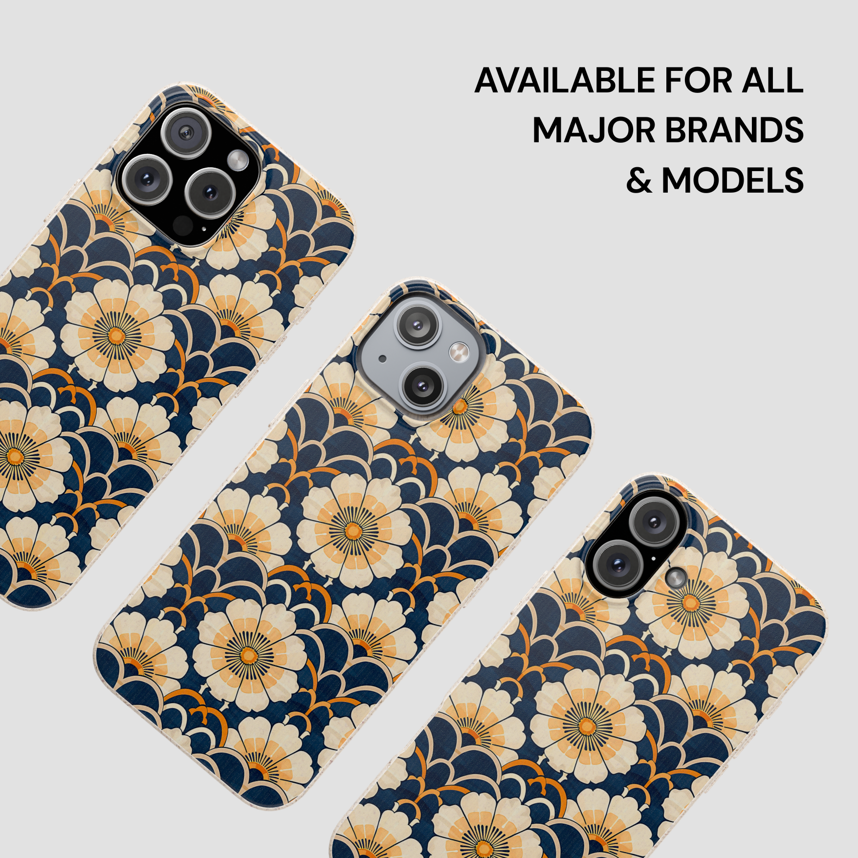 Floral patterned phone cases on a white background with text indicating compatibility.