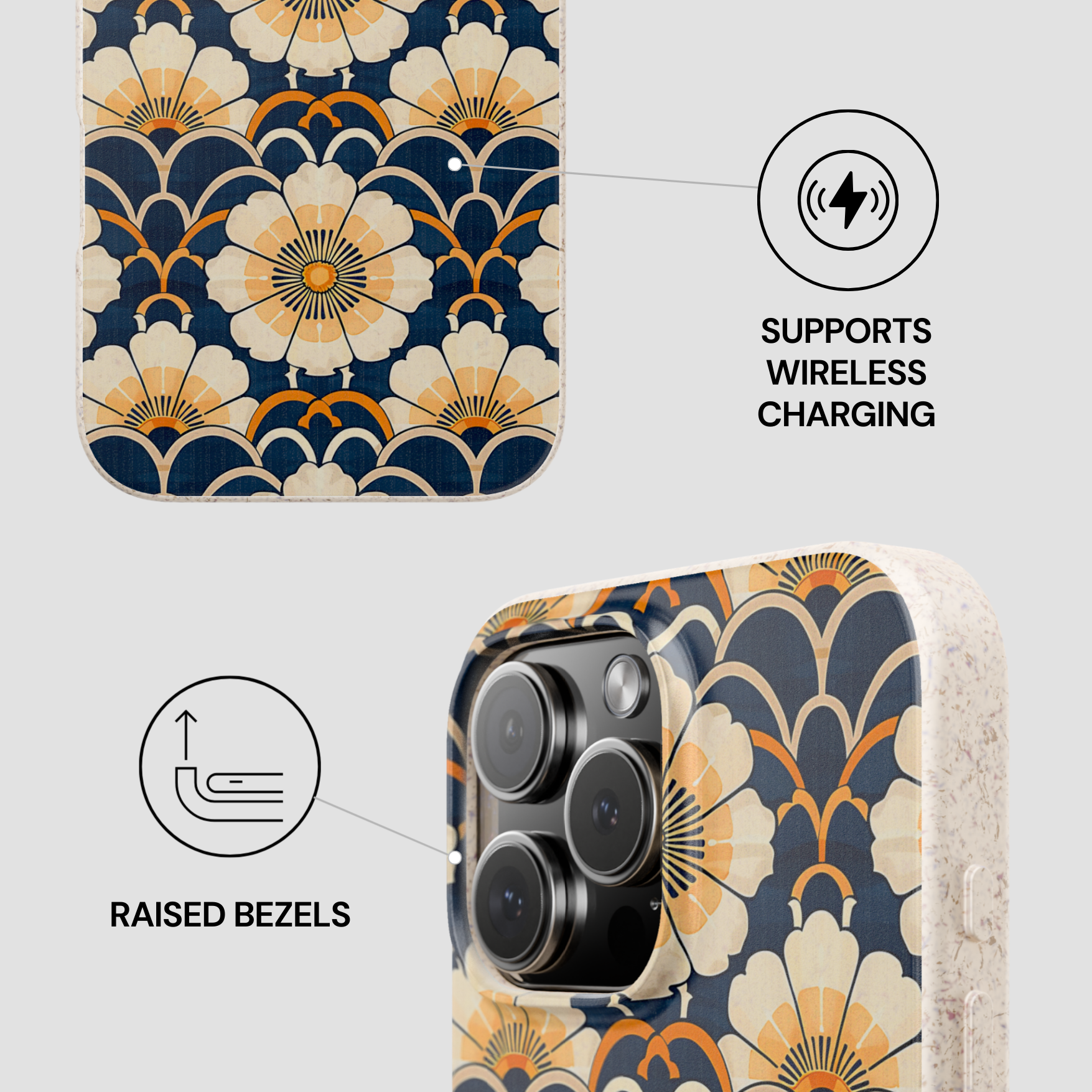 Phone case with floral pattern and wireless charging support on a light gray background