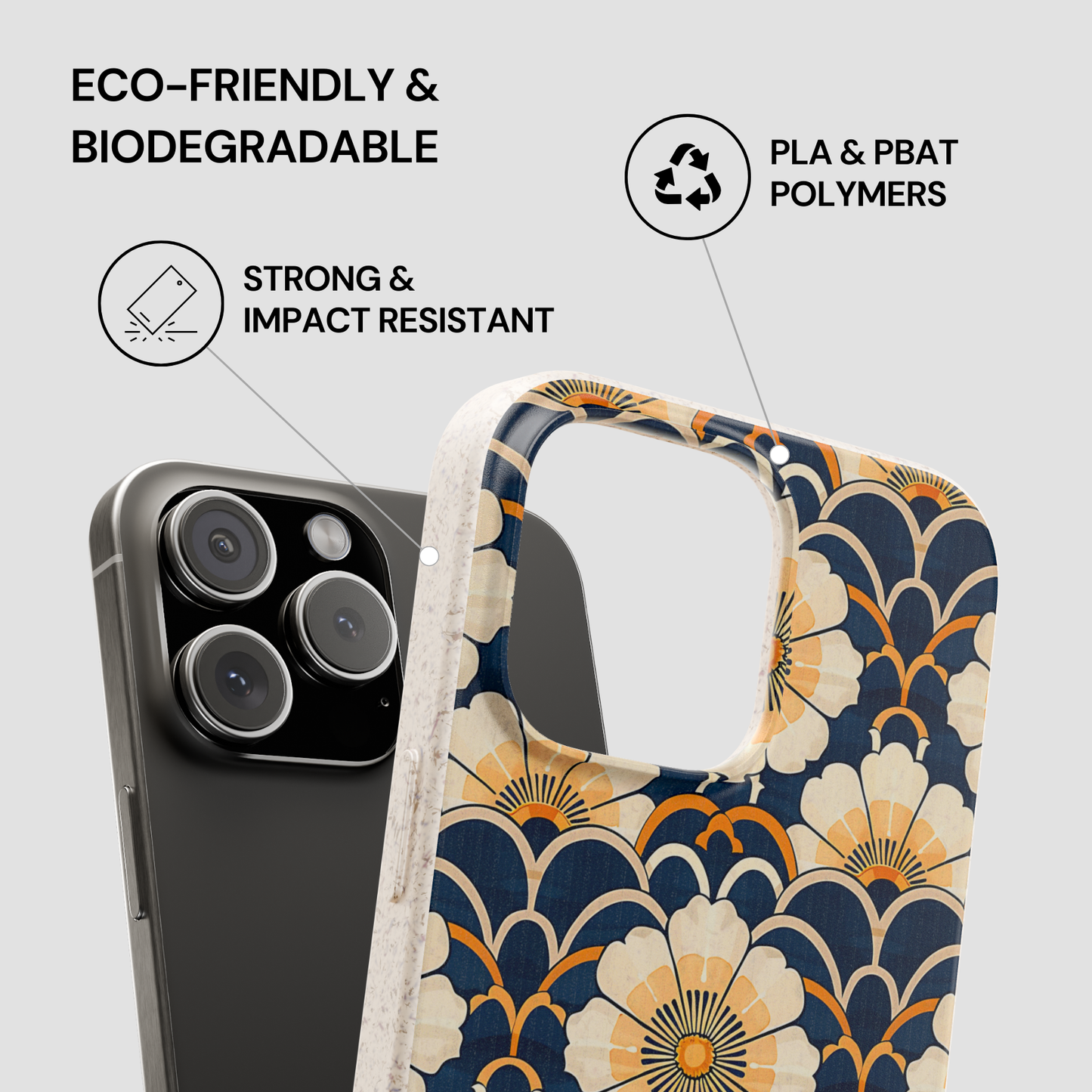 Floral patterned phone case with eco-friendly and biodegradable features on a gray background