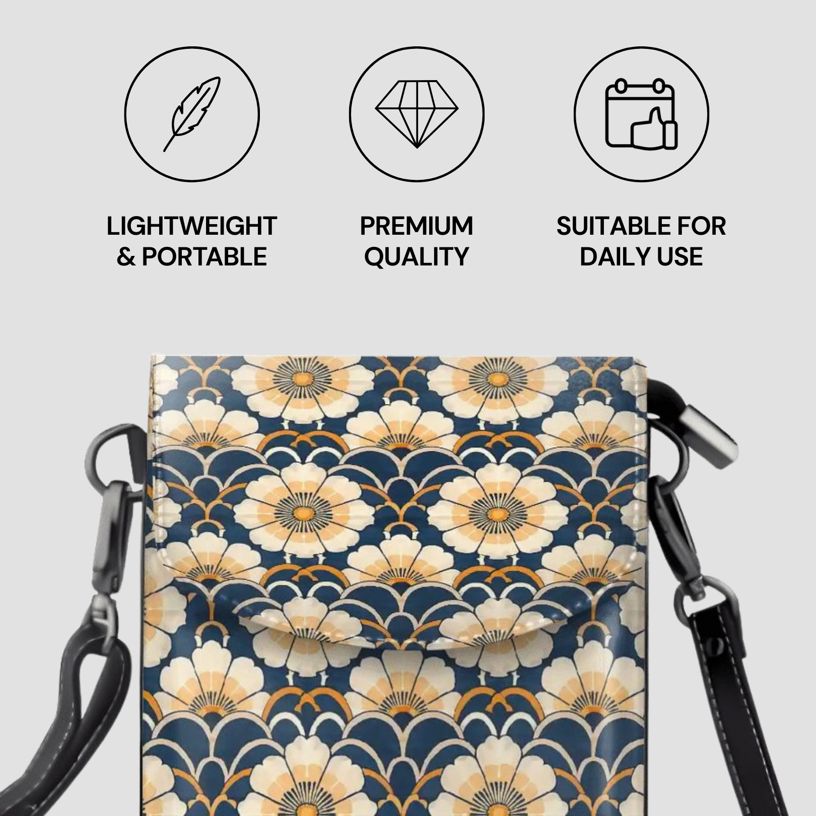 Floral patterned bag with black straps on a light gray background, featuring icons and text about product attributes.
