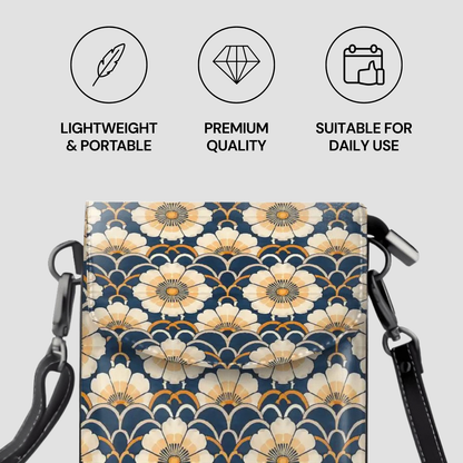 Floral patterned bag with black straps on a light gray background, featuring icons and text about product attributes.
