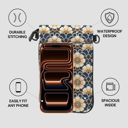 Floral-patterned phone case with features highlighted on a light gray background